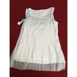 Madison Belle Women's Sleeveless White Top With Black Beads‎ & Pleated Mesh